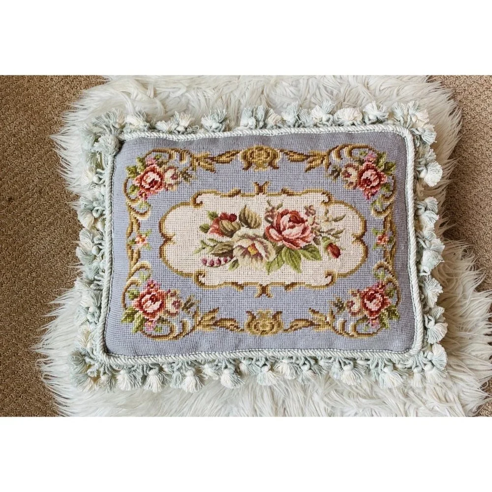 Needlepoint Floral Embroidered Velvet Wool Tassel Trim Decorative Throw Pillow 1